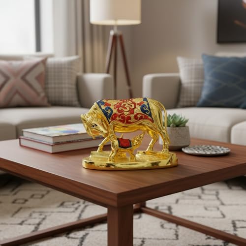 Image of Gold Meenakari Kamadhenu Cow with Calf Idol | Handcrafted Traditional Gold-Plated Holy Cow & Calf Statue | Vastu & Pooja Room Decor | Meenakari Gold Cow Idol | Size 21.5cm x 15cm x 11.5cm