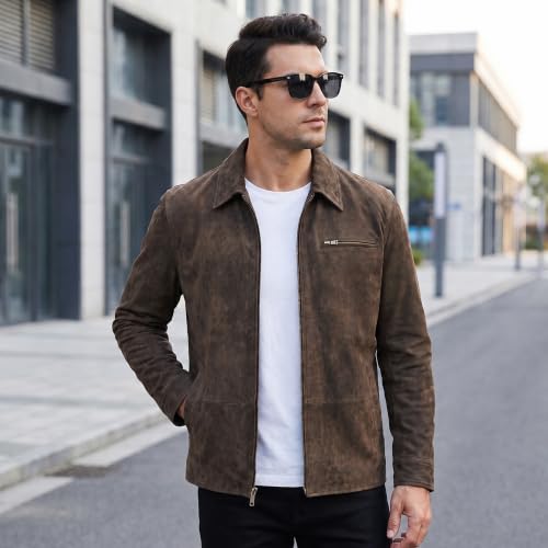 Image of Men's Suede Shirt Zipper Jacket Full Zip Casual Vintage Jackets Suede Leather Jackets for Mens