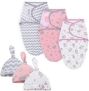 Wocharm 3 Pack Easy Swaddle Wrap, 100% Organic Cotton Baby Wrap+Hat, Newborn Wearable Swaddle Sleep Sack for 0-3 Months(Group 5)