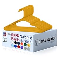 Plastic Hangers 50 Pack, Strong Space Saving Clothes Hanger, Made in USA, Perfect Shirt or Coat Plastic Hanger, with Shoulder Grooves, Scoreboard Yellow, Notched