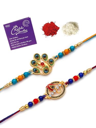 Image of Sukkhi Rakhi Trendy Floral Design Gold Plated AD Stones & Pearls Combo Rakhi for Brother with Roli Chawal & Greeting Card| Set of 2