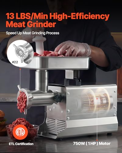 Image of VEVOR Commercial Meat Grinder, 13 Lbs /Min Capacity, #22 Electric Meat Mincer with 3 Plates, 3 Sausage Stuffing Tubes, 750W /1HP Stainless Steel Sausage Maker for Home Kitchen & Restaurants, ETL Listed