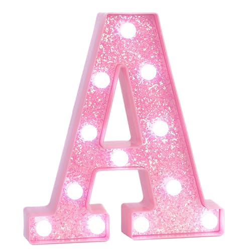 Image of Pink Marquee Light Up Letters, Glitter Alphabet LED Letter Lights for Pink Birthday Party Decorations, Battery Operated Letter Sign for Girls Room Vanity Table Decor, Cool White Lights Letter A