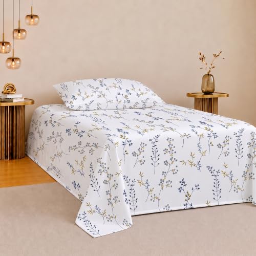 Image of IVAZA 260 TC Soft Ezyption Cotton Floral Single Bed Sheet - Single bedsheet with 1 Pillow Cover Hypoallergenic, Brethable, (Size- 90 x 60 Inch Denim Blue