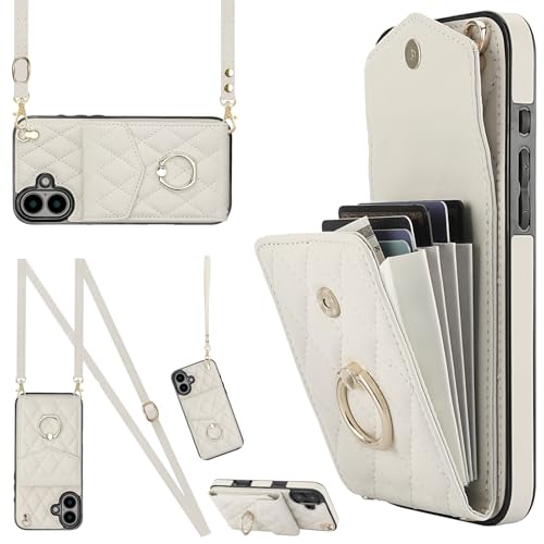 MRRSIWEI Funda tipo cartera para iPhone 16/Apple 16 con tarjetero, piel sintética con cordón cruzado, correa de muñeca, funda para mujer para iPhone 16. Cordón blanco