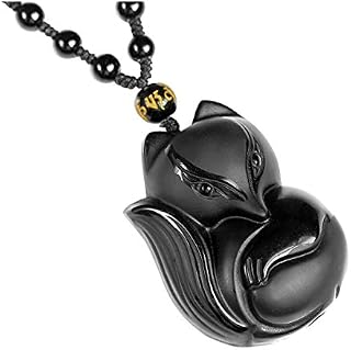 CrystalTears Natural Genuine Obsidian Lucky Fox Amulet Pendant Necklace Adjustable Woven Rope Beads Hanging Ornament