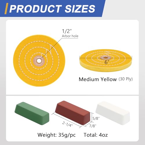Image of SCOTTCHEN 6inch Buffing Polishing Wheels 1 /2 inch Arbor Hole,2 Pcs Medium (30Ply) for Bench Grinder,with Buffing Polishing Cutting Compound 4 Oz.Kit