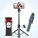 Palo Selfie con Trípode 1,8m para Móvil con Control Remoto Bluetooth, Selfie Stick Extensible y Plegable, Trípode Móvil Estable Compatible con iPhone, Samsung, Cámara y Vlogging.
