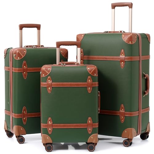 NZBZ Vintage Luggage Set for Women, 3 Piece Retro Trunk Suitcase Set with Spinner Wheels, PU Leather Travel Luggage with TSA-Accepted Lock & Protective Cover, 20/24/28 Inch, Vintage Olive