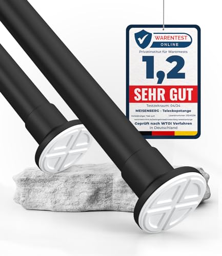 MEISENBERG Gardinenstange ohne Bohren - Matt Schwarz, Ø 25 mm - Teleskopstange Vorhang - Duschstange zum Klemmen - Spannstange für Gardinen, Bäder und Balkon (70-120cm) MEISENBERG Gardinenstange ohne Bohren - Matt Schwarz, Ø 25 mm - Teleskopstange Vorhang - Duschstange zum Klemmen - Spannstange für Gardinen, Bäder und Balkon (70-120cm)