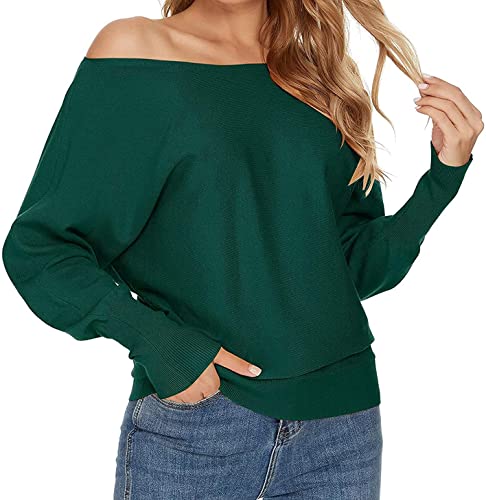 Goldstitch Boat Neck Batwing Sleeves Dolman Knitted Sweaters And Pullovers Tops For Women Green #TOP3