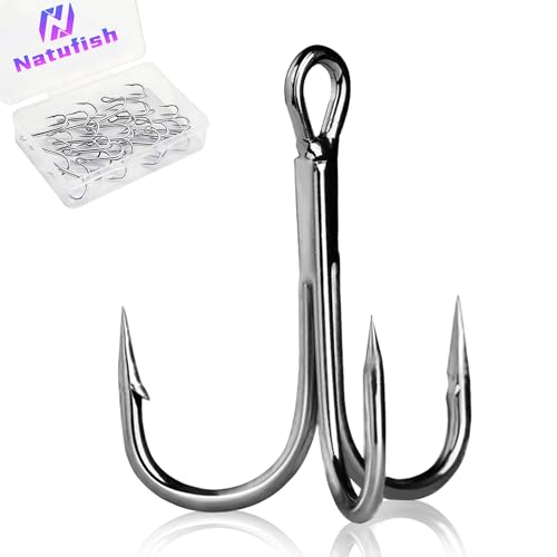 Natufish Fishing Treble Hooks 25Pcs Triple Hook Silver/High Carbon Steel/Sharp Barbed for Link Split Rings on Hard Lures Freshwater Saltwater(Size 14#)