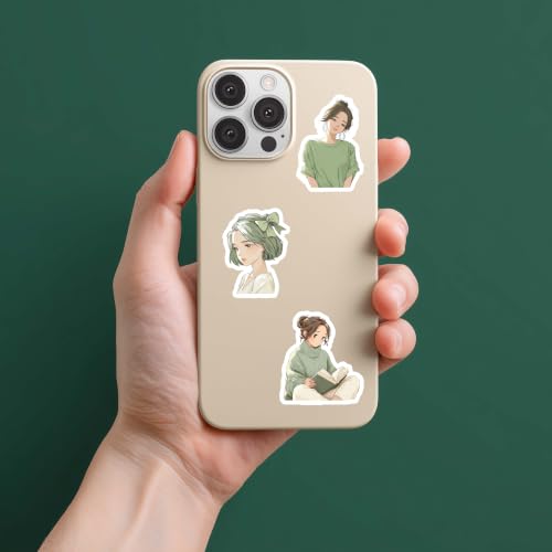 Image of Green Aesthetic Kawaii Girl Vinyl Stickers Pack of 35 | Waterproof Sage Green Matcha Theme Cute Fashion Decals for Laptop, Water Bottle, Journal, Scrapbook, Phone Case | Self-Adhesive Sticker Pack