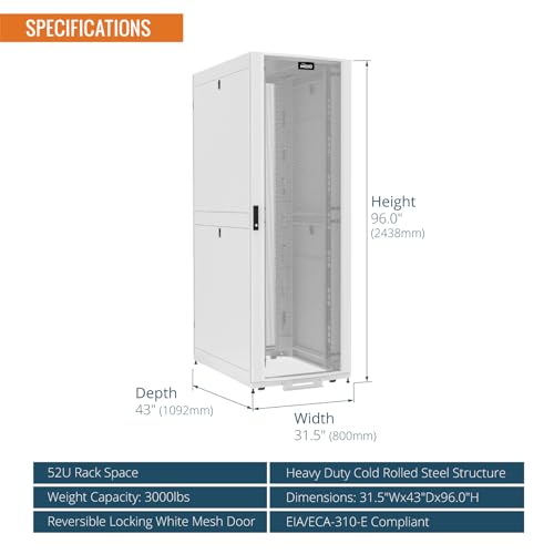 Image of Tecmojo 52U Server Rack Cabinet - PRE-Assembled 32inch Width 43inch Depth IT Network Equipment Cabinet Rack Enclosure with Casters - 3000lbs Weight Capacity, White