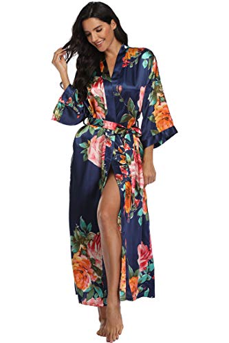 Image of Women Silk Kimono Robe Long Floral Bridesmaids Robes Satin | Wedding Party Bridal Getting Ready Robe Lightweight Dressing Gown Loungewear Sleepwear