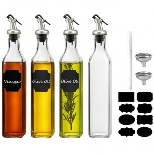 WERTIOO 4 Pack Olive Oil Dispenser Bottle for Kitchen, 500 ml Clear Glass Oil Olive Bottle, Oil & Vinegar Dispenser Set with 2 Funnels, Pen and Tags