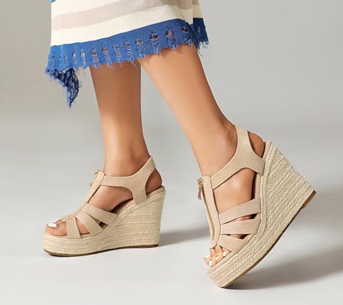 Image of Womens Front Zipper Espadrille Wedge Sandals Dressy, High Heel Platform Sandals Open Toe Slingback, Comfy Sexy Summer Wedges Sandals