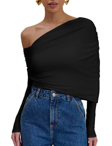 GOBLES Women's Elegant Off The Shoulder Long Sleeve Cape Office T-Shirts Ruched Pullover Shirts Black