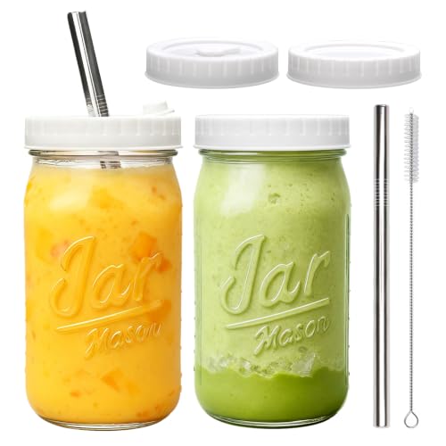 Mapoxy 32oz Mason Jars Cups with Plastic Lids & Straws 2 Pack