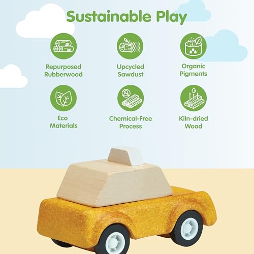 Image of PlanToys Yellow Taxicab Wooden Montessori Vehicle Toy | Early Movement, Imagination and Practical Life Exploration | Eco Friendly Taxi for Indoor and Outdoor Play