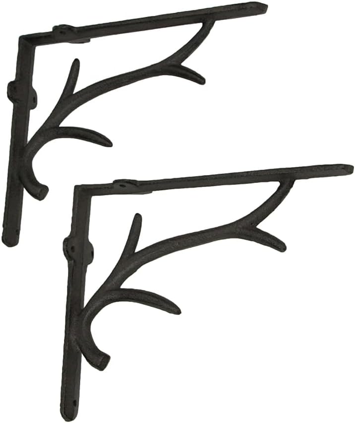 Set of 2 Rustic Brown Cast Iron Deer Antler Wall Shelf Brackets - Western Charm for Home Decor - Sturdy 10 Inches Long Brackets - Elegant and Functional