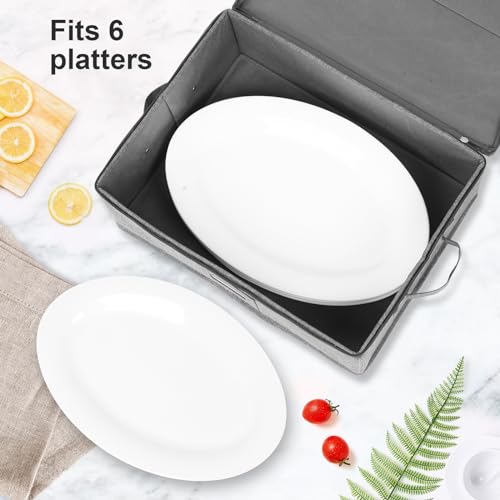 popoly Platter Storage Case, China Storage Containers Hard Shell 17" x 13" x 6", 5 Felt Dividers Included, Structured Top and Stackable (Linen Grey)