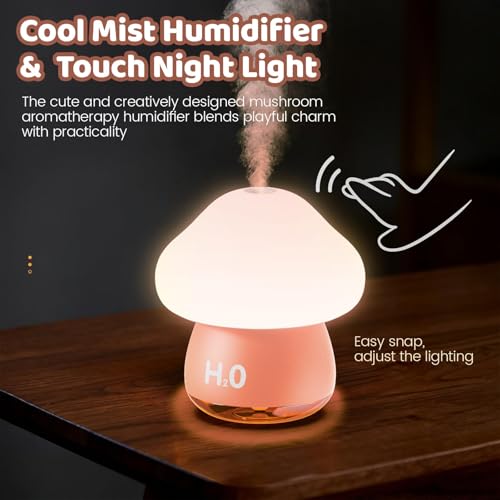 AVEKI Cool Mist Air Humidifier, 200ML Mushroom Shaped Essential Oil Diffuser with 7 Color Touch Night Light, USB Personal Desk Humidifier for Bedroom Office Home, Auto Shut-Off & Super Quiet (Pink)