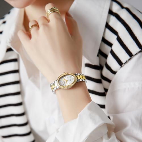 Image of London Fog Queenhithe Collection Watch for Women with Oval Textured Dial, Crystal Studded Bezel, Blue Crown Accent, Quartz Movement and Stainless Steel Strap - LFW20003