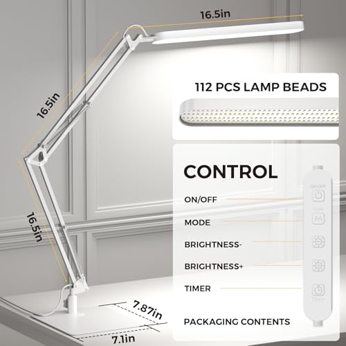 Image of SKYLEO LED Desk Lamp with Slim Base - Adjustable Swing Arm Desk Light, Dimmable, Timer, Eye Protection, Memory Function, 1300LM, 12W, White