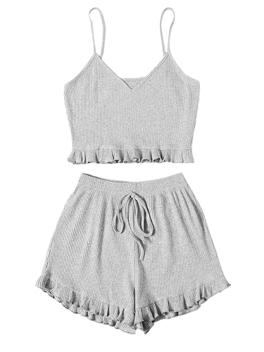 Image of Avanova Women Sexy 2 Piece Pajama Set Ruffle Trim Cami Top and Shorts Sleepwear Set