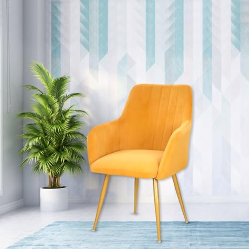 Image of Taboo Velvet Dining Chair Set of 6 | Upholstered Accent Arm Chairs | Soft Cushioned Seat with Backrest | Modern Velvet Fabric Chairs with Metal Legs | Living Room, Bedroom, Cafe & Restaurant | Yellow