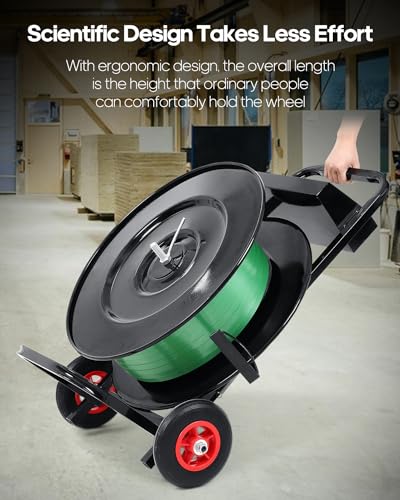 FAHKNS Strapping Cart, Heavy Duty Banding Cart Banding Wheel, Black Deluxe Steel Strap Dispenser for PET Strapping Roll/PP Strapping Roll Coil with 50 Packing Buckle Free
