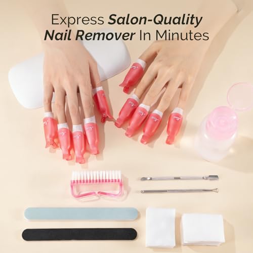 Image of MelodySusie 8PCS Nail Polish Gel Remover Tools Kit with Nail Clips Bottle | 220ml Nail Polish Remover Bottle 100PCS Nail Remover Cotton Pad Nail Brush Cuticle Pusher /Peeler Nail File Buffer Block