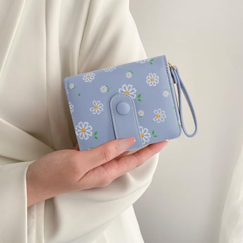 LJCZKA Cute Wallet for Women Small Flower Wallet Card Holder Girls Zipper Leather Wallet Minimalist Kawaii Short Purse (Blue)2