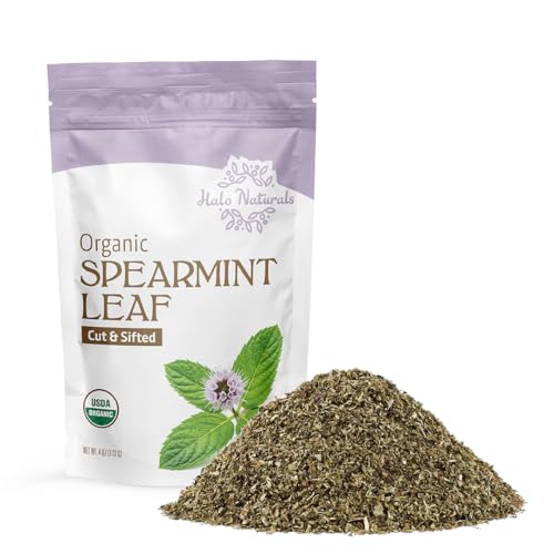 Halo Naturals Organic Spearmint Leaf Cut & Sifted 4 Ounces (Mentha spicata) USDA Certified | Resealable Pouch| Packaged in The USA
