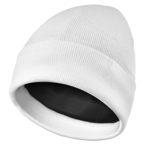 Keains Unisex Wooly Hat,Thermal Winter Hats,Warm Fleece Lining Hats, Knit Beanie for Men and Women,Gifts for Men Women Dad White