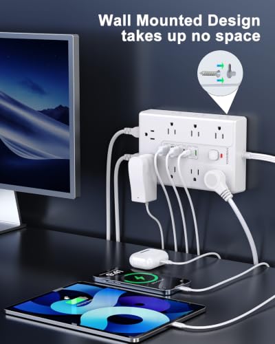 Image of Surge Protector Power Strip 6.5 FT Cord with 16 AC Outlets 6 USB-C Ports | Extension Cord with Multiple Outlets, Desktop Charging Station, Flat Plug Outlet Extender for Home Office Dorm