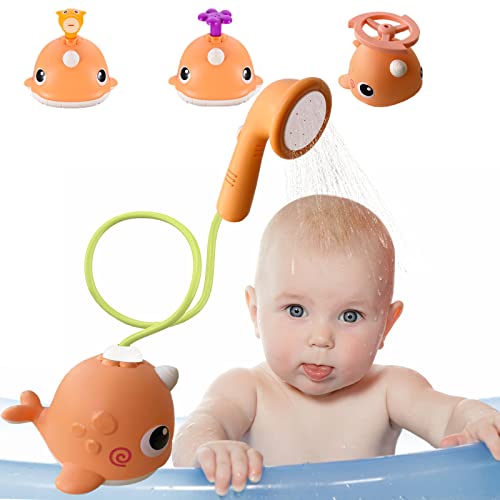 Image of HsngYHL Baby Bath Toy with Shower Head and 3 Water Spray Head Bathtub Toys, Whales Squirt Shower Faucet and Bathtub Water Pump Bathing time Essentials for Toddlers Infants Kids (Orange)
