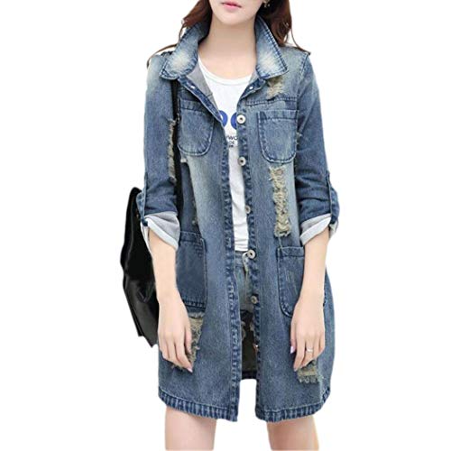 Azastar Women Casual Mid Long Button Distressed Denim Trench Lapel Plus Size Coat