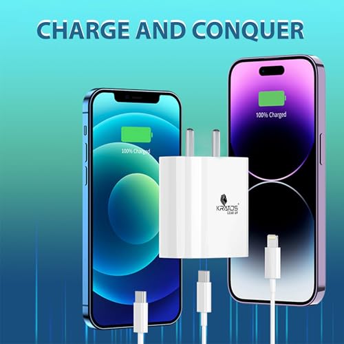 Image of Kratos 20W Fast Charger Compatible for iPhone 17 /16 /15 /14 /13 /12 /11 Series | 1M Type C to L Cable + 1M Nylon Braided Type C to C Cable | PD Fast Charger |BIS Certified