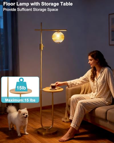 Image of Lightdot 66IN Gold Dimmable Floor Lamps with Table, Modern Standing Tall Lamp with Brown Globe Glass Shade, Cross-Shaped Head and U-Pole Base for Living Room /Sofa Beside /Corner Decor(Bulb Included)