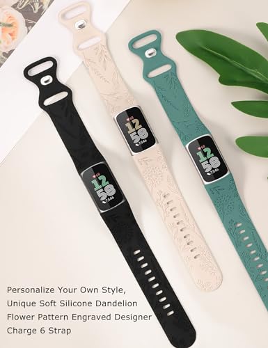 TOYOUTHS 3 Packs Floral Engraved Compatible with Fitbit Charge 5/Charge 6 Strap for Women Soft Waterproof Silicone Sport Band with Cute Dandelion Flower Pattern - Image 3