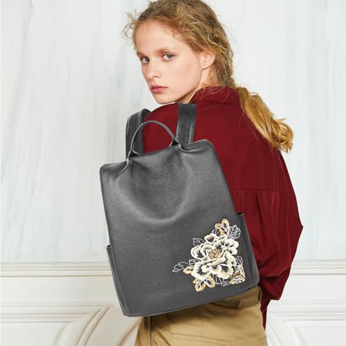 Image of BOYATU Genuine Leather Backpack for Women: Elegant Floral Designer Purse - Small Shoulder Bag for Travel (Grey)