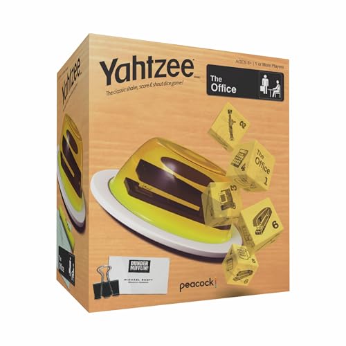 YAHTZEE: The Office Edition Exclusive Stapler-in-Jello Dice Cup Roll Your Way to Victory Dunder Mifflin Style Classic Party Game for Fans Adults & Families Official Merchandise & Collectible