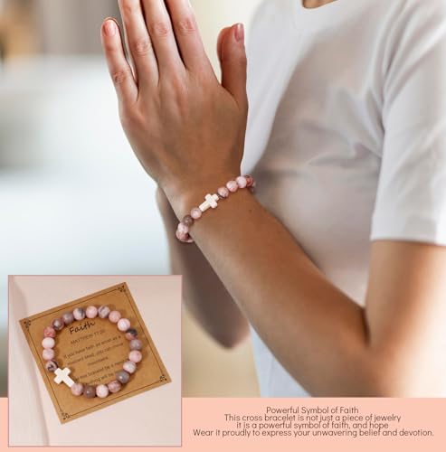 BOMAIL 9Pcs Faith Cross Bracelets for Women Men Adjustable Natural Stone Cross Stretch Bracelets Bulk Inspirational Christian Cross Faith Beaded Bracelet for Easter4