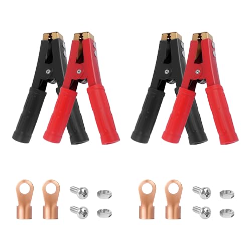 4PCS Battery Charger Clamps Replacement 1000A Jumper Cable Clamps with Non-Slip Handle Crimp Terminals Screws Nuts Heavy Duty Alligator Clips Jumper Cable Ends for Most Vehicles