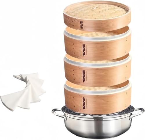 蒸し器・せいろ 中華蒸篭 天然竹製 多用途 IH対応 鍋つき蒸篭2段(本体2個蓋1個)セット 業務用 せいろ蒸し器 餃子 饅頭 点心 中華料理専用 シ蒸器 満菜 深型 兼用鍋 調理器具 (30 cmスープ鍋 +28 cm木製蒸し器、3段1蓋)