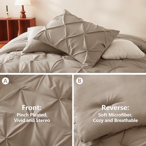 CozyLux Queen Comforter Set Khaki, 7 Pieces Pintuck Bed in A Bag, Premium Khaki Comforter Queen Size, Pinch Pleat Bedding Sets with Comforter, Sheets, Pillowcases & Shams