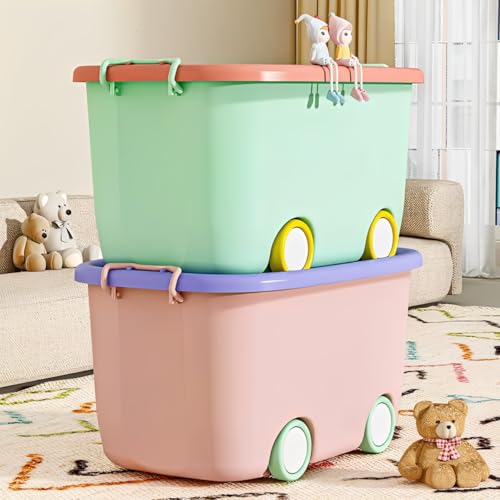 Image of JD FRESH 25 Litre Rolling Toy Storage Box /Colorful Car-Shaped Kids Toy Storage Organizer /Large Size Plastic Storage Box with Wheels & Handle /Stackable Storage Container Box (Pack of 3, Pink)