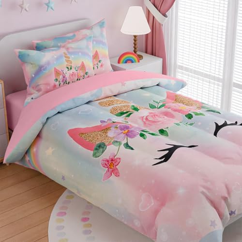 Image of SANDJEST Unicorns Bedding Set for Girls Kids Teen Tween, Ultra Soft Microfiber Comforter Set Twin Size with 3-Pieces, Comforters Bed Sets Bedroom Decor